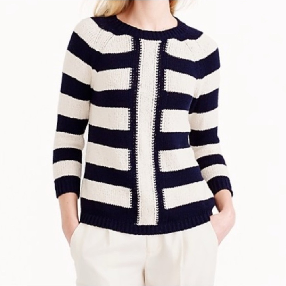 J. Crew Navy Ivory Striped Cotton Linen Blend Sweater Size Small